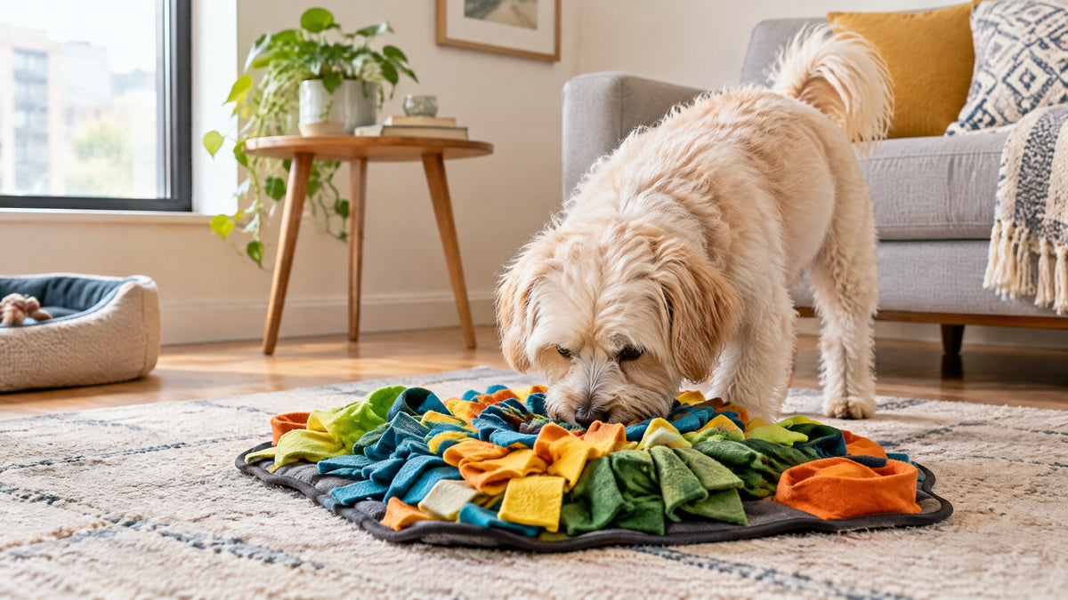 Small dog sniffing a colorful snuffle mat in a bright apartment