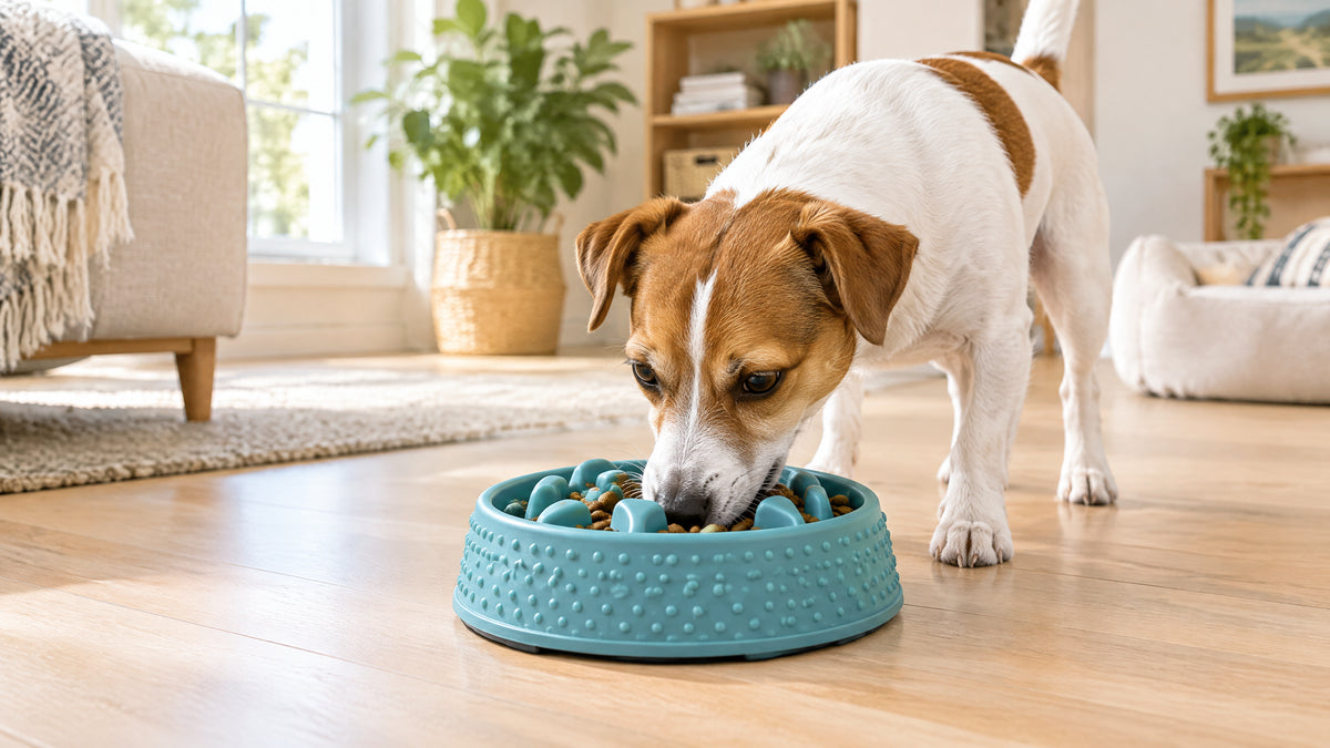Small dog eating kibble from a textured slow feeder bowl